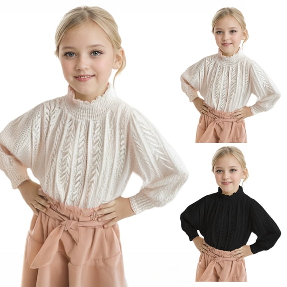 XinLfly Baby Kids Girls Knit Sweaters Bottom Fleece Shirts Thick Warm Toddler High Collar Fall Winte Lace Pullover Long Sleeve Jumper Tops,Black,5T