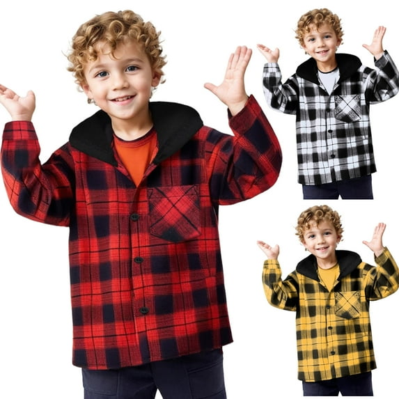 XinLfly Boys Girls Hooded Plaid Shirts Long Sleeve Button Down with Pocket Shirts Hoodies Tops Tartan Jackets,Red,5T