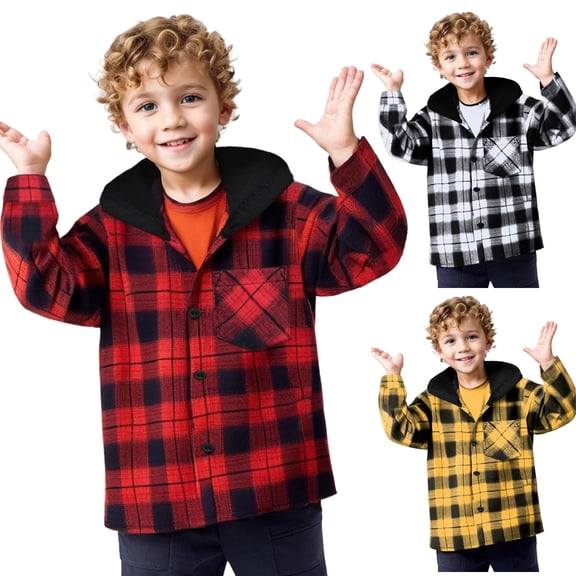 XinLfly Boys Girls Hooded Plaid Shirts Long Sleeve Button Down with Pocket Shirts Hoodies Tops Tartan Jackets,White,3-4T