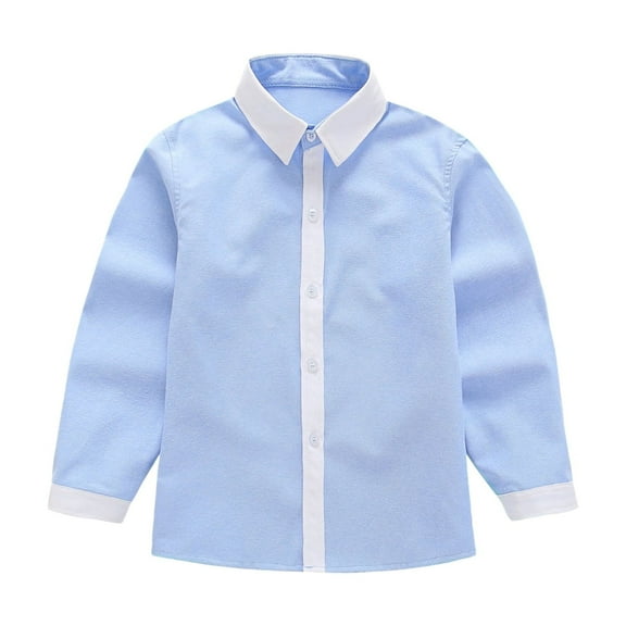 XinLfly Boys' Long Sleeve Dress Shirts Solid Color Button Down Collared Shirt Kids Solid Color Formal School Uniform Blouse,Blue, 13-14