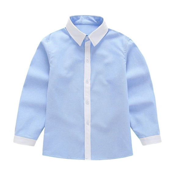 XinLfly Boys' Long Sleeve Dress Shirts Solid Color Button Down Collared Shirt Kids Solid Color Formal School Uniform Blouse,Blue, 13-14