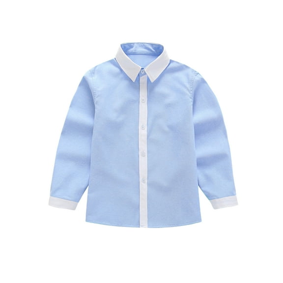XinLfly Boys' Long Sleeve Dress Shirts Solid Color Button Down Collared Shirt Kids Solid Color Formal School Uniform Blouse,Blue, 8-9