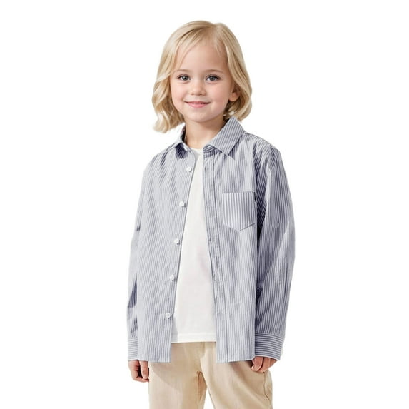 XinLfly Boys Long Sleeve Oxford Dress Shirts Casual Lapel Collar Button Down with Pocket Shirts Uniform Striped Tops,Gray, 13-14