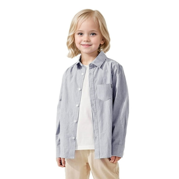 XinLfly Boys Long Sleeve Oxford Dress Shirts Casual Lapel Collar Button Down with Pocket Shirts Uniform Striped Tops,Gray, 13-14
