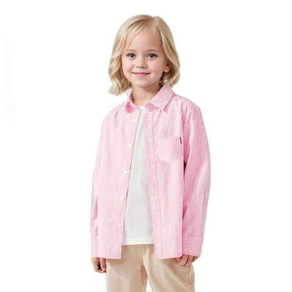 XinLfly Boys Long Sleeve Oxford Dress Shirts Casual Lapel Collar Button Down with Pocket Shirts Uniform Striped Tops,Pink, 8-9