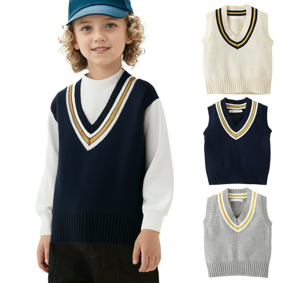 XinLfly Boys Sweater Vest Cable Knit V-Neck Knitted Uniform Thick Sleeveless Pullover V-neck Striped Print Waistcoats Outfits,10