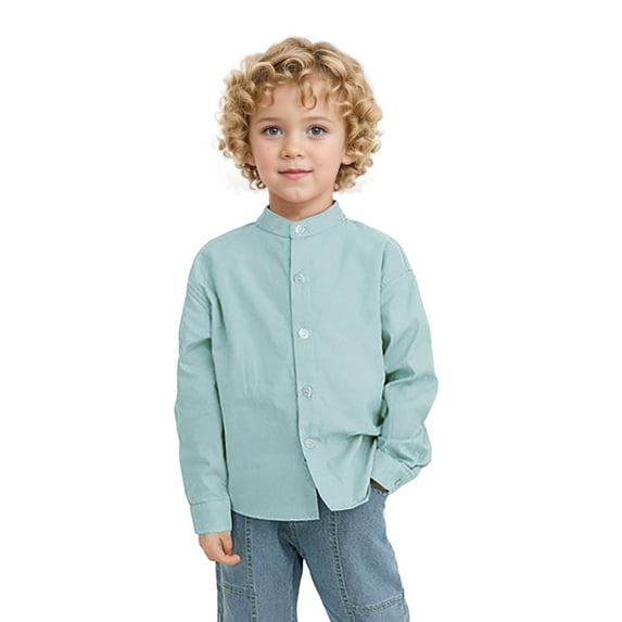 XinLfly Cardigan Boys Shirt Toddler Solid Color Standing Long Sleeve Single Breasted Cotton Children's Shirt with Pocket,Cyan,9M