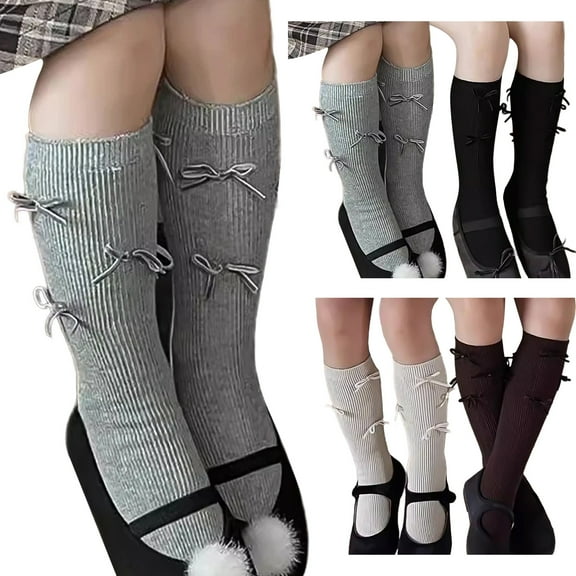 XinLfly Children's Socks Stockings Solid Color with Bow High Tube Pile Pile Socks High Ankle Socks Girls Youth Socks,White,One Size