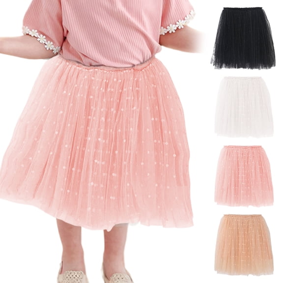 XinLfly Girl's Polka Dot Mini Skirts Kids Casual Solid Color Lace Up Mesh Tutu Skirt Dance Fashion Dress,White,3-4T