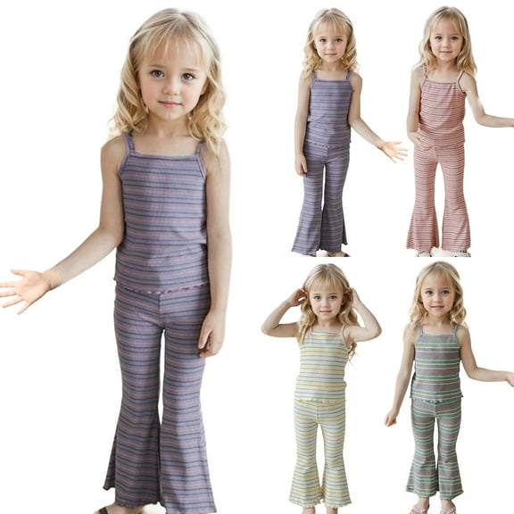 XinLfly Girls 2 Piece Outfits Sleeveless Stripe Halter Crop Tops Casual Bell Bottoms Flare Pants Kids Clothes Set,Pink,10