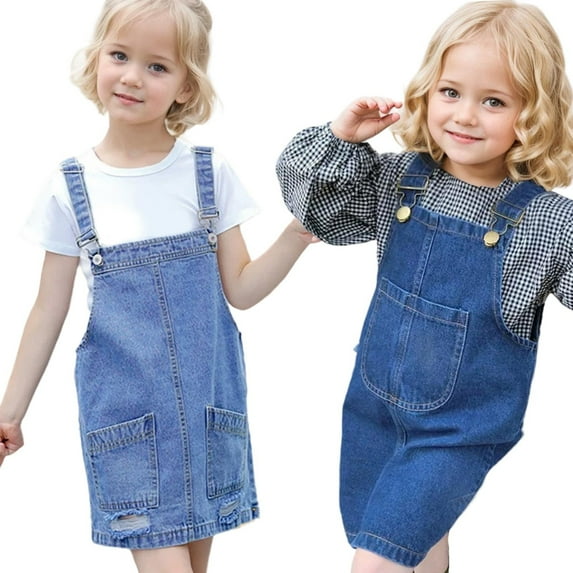 XinLfly Girls Kids Casual Loose Fit Skirts New Solid Color Cowboy Strap 2024 Spring Summer Baby Long Skirt Overall with Pocket Fall Clothes,A,10