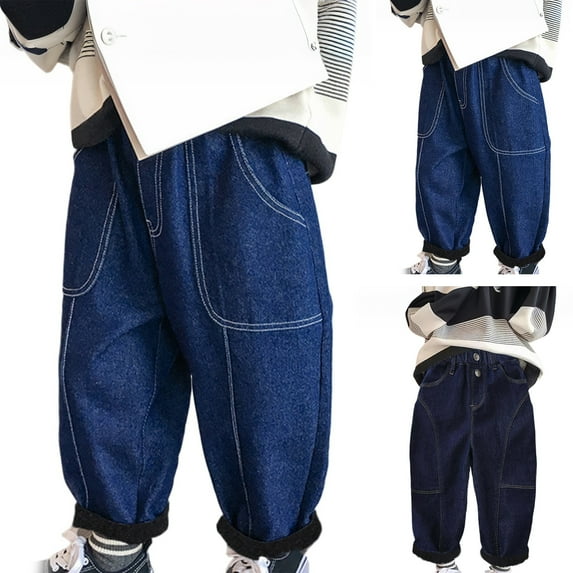 XinLfly Infant Baby Boys Girls Jeans Pants Elastic Waist Soft with Poackt Denim Pants Fall Winter Padded Trousers for Toddler,Blue1(fleece),3-4T