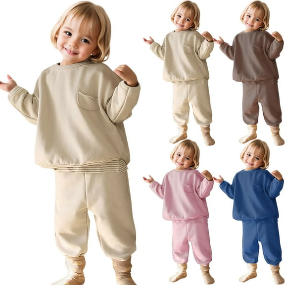 XinLfly Infant Toddler Baby Boy Girl Clothes Solid Color Long Sleeve Hoodless Sweatshirt Tops Jogger Pants Set 2Pcs Fall Winter Outfit,Blue,Blue 8-9