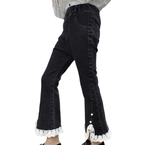 XinLfly Kids Baby Girls Fall Winte Jeans Denim Pants Flared Bottoms Fleece Long Pants Toddler Thick Warm Elastic Waist Sports Trousers,Black,Black 13-14