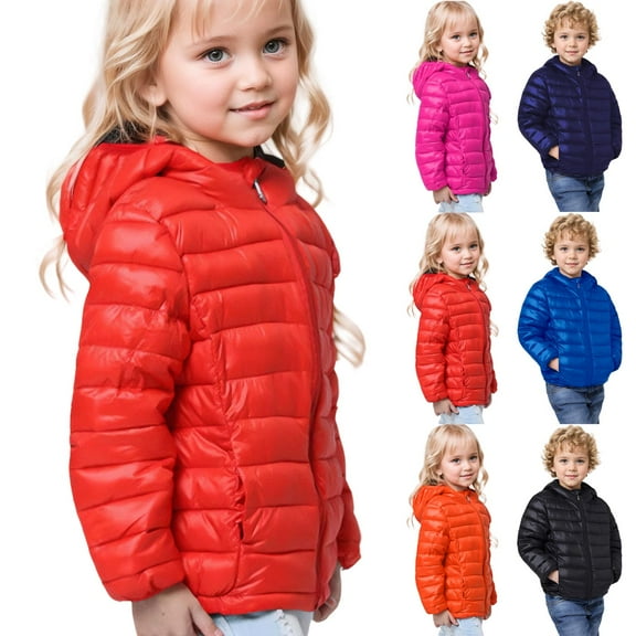 XinLfly Kids Boy Girl Winter Hooded Puffer Jackets Coats Solid Color Zipper with Pocket Light Weight Padded Outerwear,Red,Red 13-14