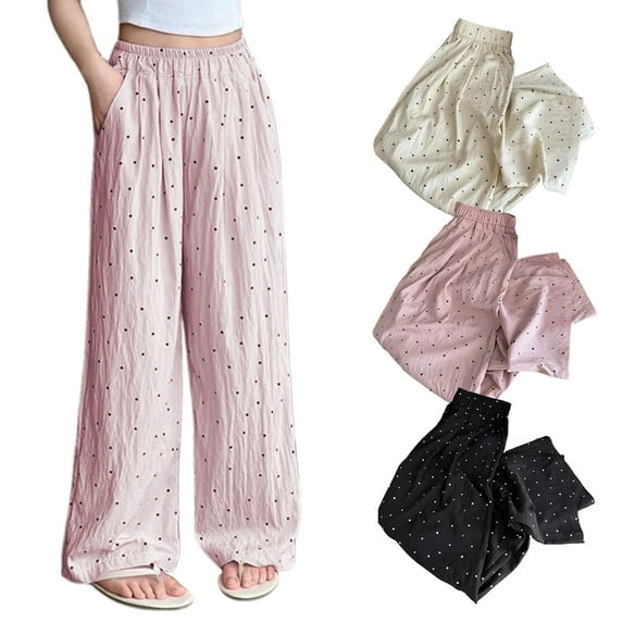 XinLfly Kids Girls Ice Silk Elastic Waist Pants Casual Summer Wide Leg Dots Pants Straight Leg Lightweight Loose Fit Trousers,White, 13-14