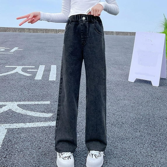 XinLfly Kids Girls Wide Leg Jeans, Loose Clearance Elastic Waist Denim Pants Black Size 9-10 T