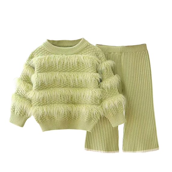 XinLfly Knitted Sweater Set for Girls Solid Color Round Neck Top Flared Pants Two Piece Warm Elastic Comfortable Girls Festival Suit ,Green,6-7T