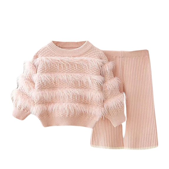XinLfly Knitted Sweater Set for Girls Solid Color Round Neck Top Flared Pants Two Piece Warm Elastic Comfortable Girls Festival Suit ,Pink,3-4T