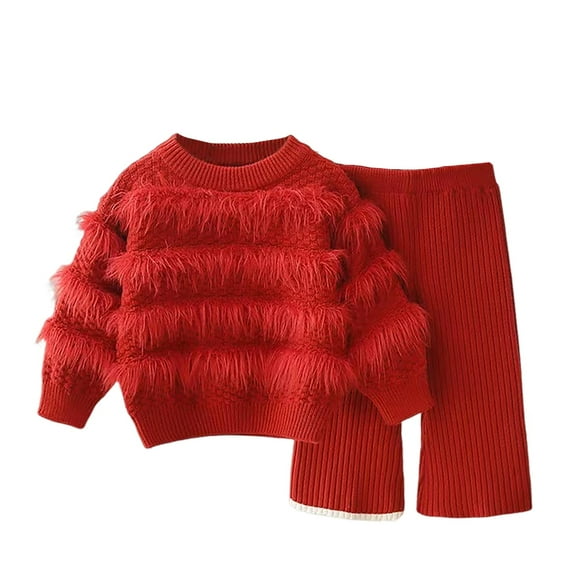 XinLfly Knitted Sweater Set for Girls Solid Color Round Neck Top Flared Pants Two Piece Warm Elastic Comfortable Girls Festival Suit ,Red, 8-9