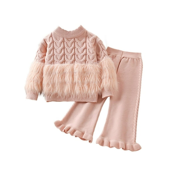 XinLfly Knitted Sweater Set for Girls Solid Round Neck Top Flared Pants Two Piece Warm Elastic Comfortable Girls Festival Suit ,Pink,5T