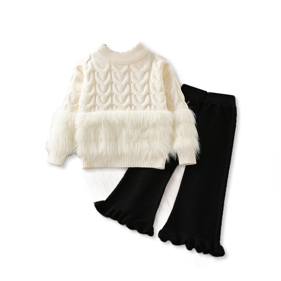 XinLfly Knitted Sweater Set for Girls Solid Round Neck Top Flared Pants Two Piece Warm Elastic Comfortable Girls Festival Suit ,White, 8-9