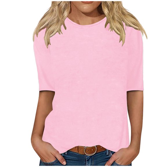 XinLfly Spring Casual Half Sleeve Shirt for Women Solid Color Top Pullover Round Neck Tee