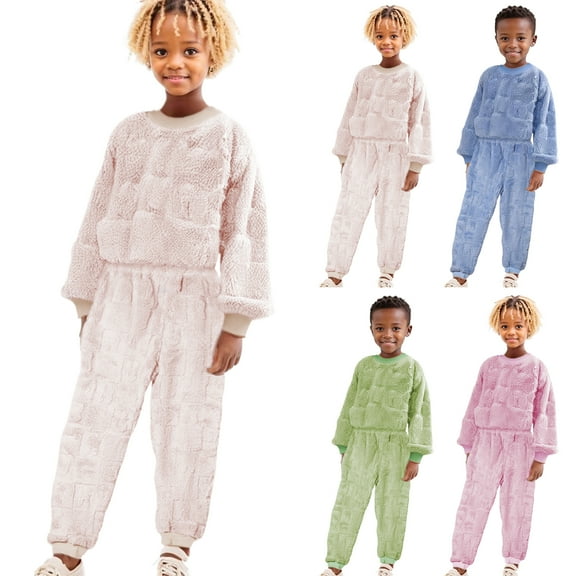 XinLfly Toddler Boys Girls Fleece Pajama 2 Piece Set Solid Color Winter Warm Flannel Matching Tops Pants Sleepwear Set Outfits ,Blue,18-24M