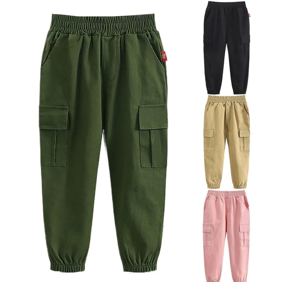 XinLfly Toddler Girl's Cargo Pants Casual Solid Color with Pocket Elastic Waist Workout Sweatpants Joggers,Black,5T