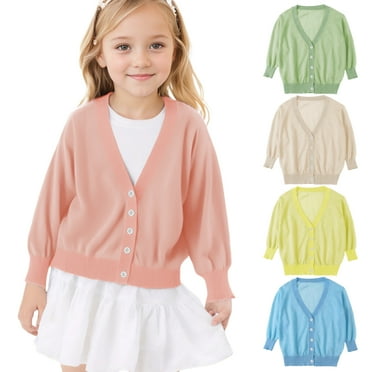 XinLfly Toddler Girls Thin Cardigan Casual Long Sleeve V-neck Button Down Knit Tops Solid Color Soft Uniform for Little Girls,Blue,3T-4T