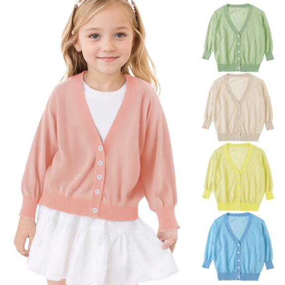 XinLfly Toddler Girls Thin Cardigan Casual Long Sleeve V-neck Button Down Knit Tops Solid Color Soft Uniform for Little Girls,Khaki,10