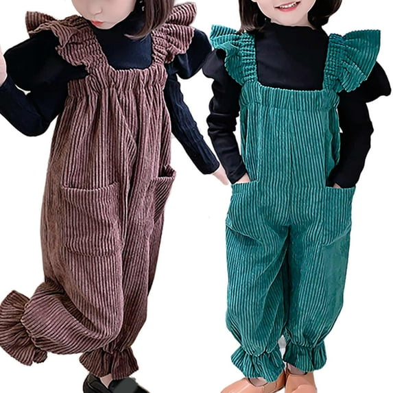 XinLfly Toddler Little Girl Clothes Outfit Casual Solid Color with Pocket Corduroy Overalls Long Sleeve Pullover Tops Set,Brown,5T