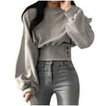 thumbnail image 1 of safuny Women Casual Crewneck Crop Sweatshirt Solid Color Drop Shoulder Pullovers Slim waist Hem with Buttons Design Tops Gray _v L, 1 of 4