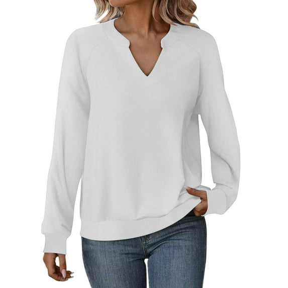 safuny Women Casual Long Sleeve V Neck Pullover Loose Lightweight Solid Color Sweatshirts Tops White _P S