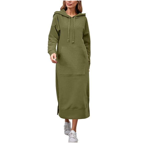 safuny Women Hooded Maxi Dress Casual Loose Sweatshirt Long Dress Fall Winter Drawstring Hoodie Slit Hem Dresses with Pocket Army Green _f L