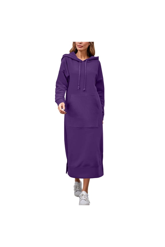 Women Hooded Maxi Dress Casual Loose Sweatshirt Long Dress Fall Winter Drawstring Hoodie Slit Hem Dresses with Pocket Purple _f XXXL