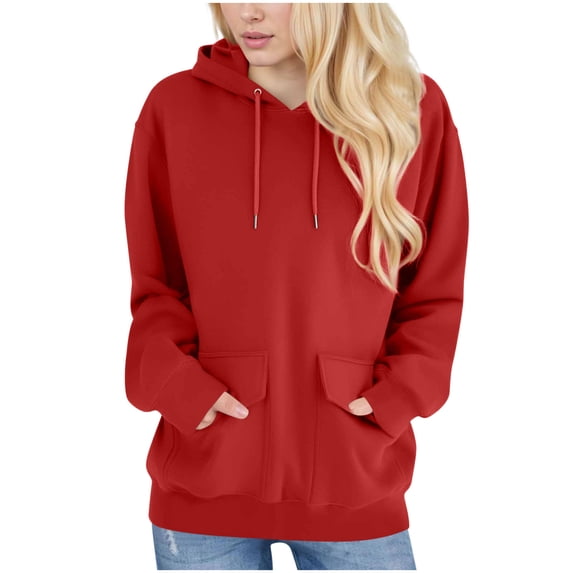 safuny Women's Casual Drawstring Hooded Sweatshirt Solid Color Soft Brushed Fleece Pullover Tops with Double Pocket Design Hoody Sweatshirt Red _d S