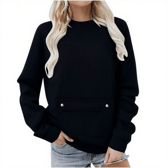 safuny Women's Crewneck Sweatshirts Casual Comfy Long Sleeve T-Shirts Basic Solid Color Pullover Tops with Pocket Black _e XL