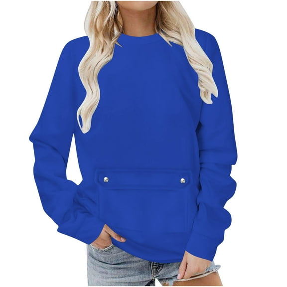 safuny Women's Crewneck Sweatshirts Casual Comfy Long Sleeve T-Shirts Basic Solid Color Pullover Tops with Pocket Blue _e XL