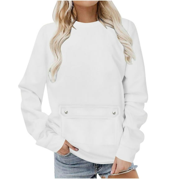 safuny Women's Crewneck Sweatshirts Casual Comfy Long Sleeve T-Shirts Basic Solid Color Pullover Tops with Pocket White _e M
