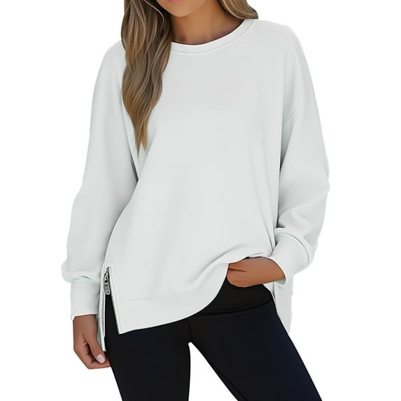 safuny Women's Crewneck Sweatshirts with Side Slit Zipper Long Sleeve Pullover Soft Solid Color Tops Fall Tops White _w S