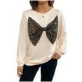thumbnail image 1 of safuny Women's Cute Sequined Bowknot Round Neck Pullover Long Sleeve Sweatshirt Fall Tops Beige _P M, 1 of 8