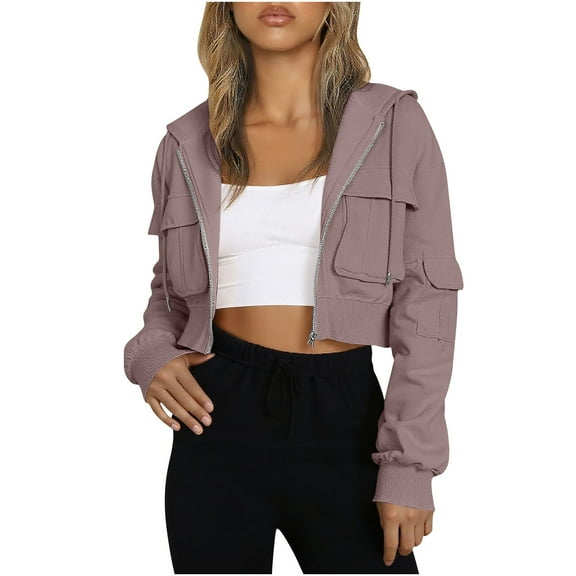 safuny Women's Zip Up Hoodies Coat Fleece Cropped Hooded Sweatshirts Jackets with Cargo Pockets Trendy Fall Out s Pink _r M