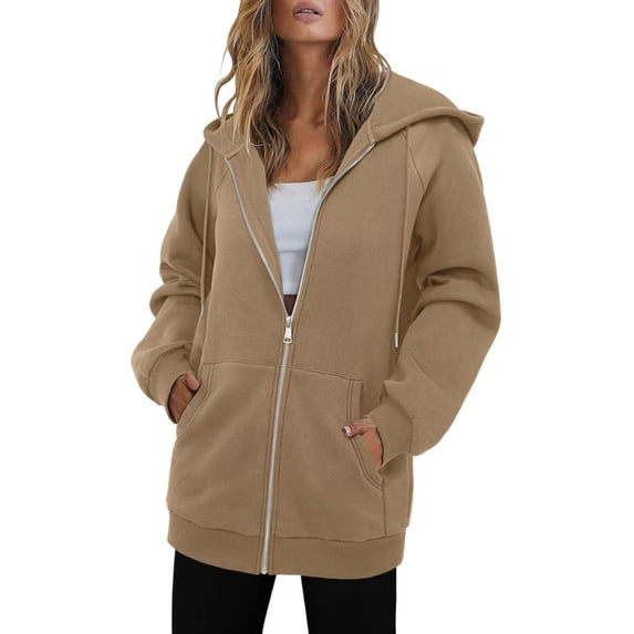 safuny Women's Zip Up Hoodies Coat Oversized Fleece Long Sleeve Solid Color Sweatshirts Casual Fall Jacket with Pocket Khaki _r L