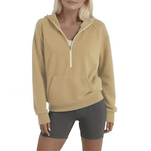 safuny Womens Half Zip Hoodie Fleece Cropped Solid Color Pullover Sweatshirt with Pockets Fall Tops Khaki _g S