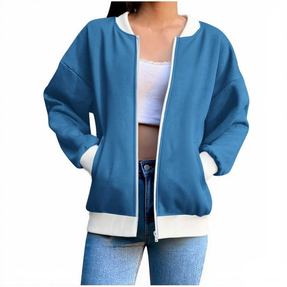 safuny Womens Long Sleeve Zip Up Sweatshirts Jackets Casual Loose Crewneck Fleece Outwear with Pockets Fall Winter Blue _q S