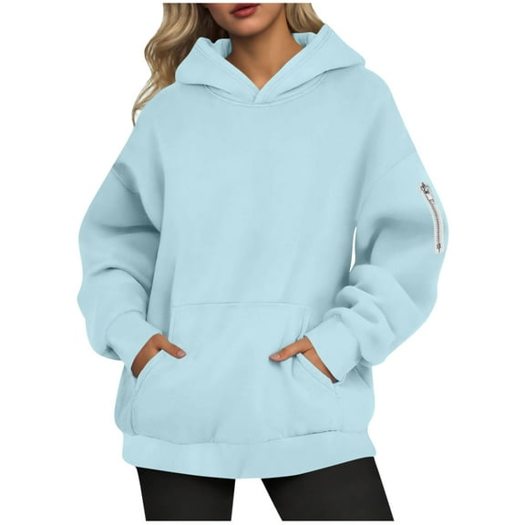 safuny Womens Oversized Hoodies Fleece Sweatshirts Long Sleeve Pullover Fall Winter Out s Clothes with Sleeve Pocket Light Blue _j XXL