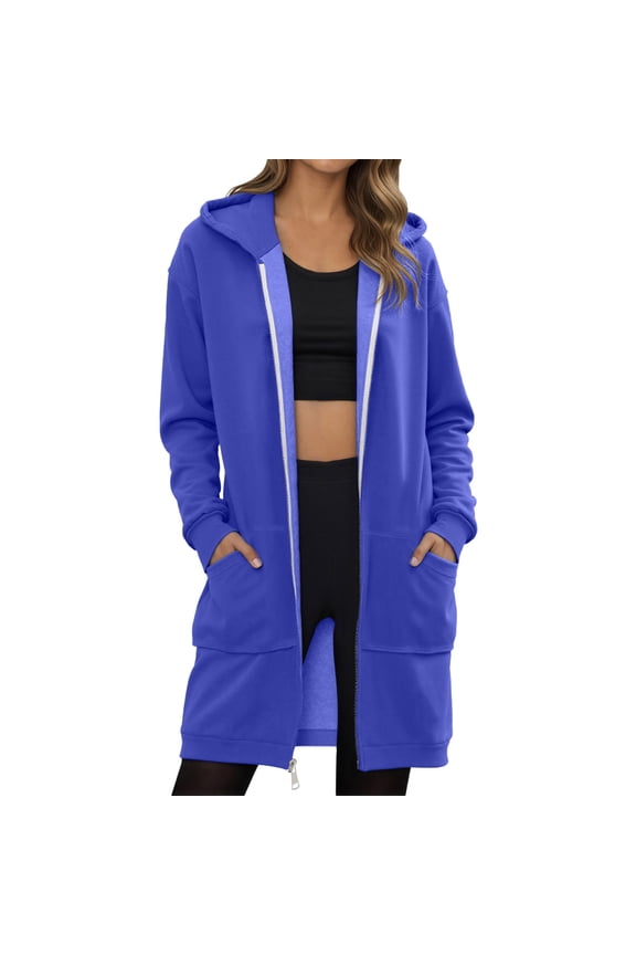Womens Zip Up Long Hoodies Oversized Fleece Solid Color Sweatshirts Coats Casual Long Sleeve Fall Winter Trendy Jackets with Pockets Blue _b XXL