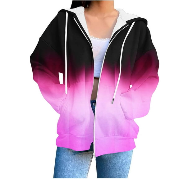 safuny Womens Zip Up Hoodies Coats Long Sleeve Gradient Oversized Sweatshirts Jacket with Pockets Fall Fashion Clothes Hot Pink _f M