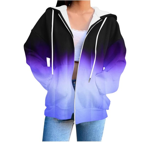 safuny Womens Zip Up Hoodies Coats Long Sleeve Gradient Oversized Sweatshirts Jacket with Pockets Fall Fashion Clothes Purple _f M